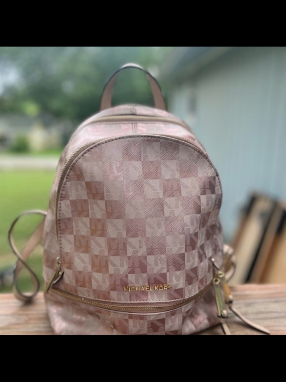 Michael Kors Rose Gold Signature Check Rhea Backpack- Read Description - Picture 1 of 10